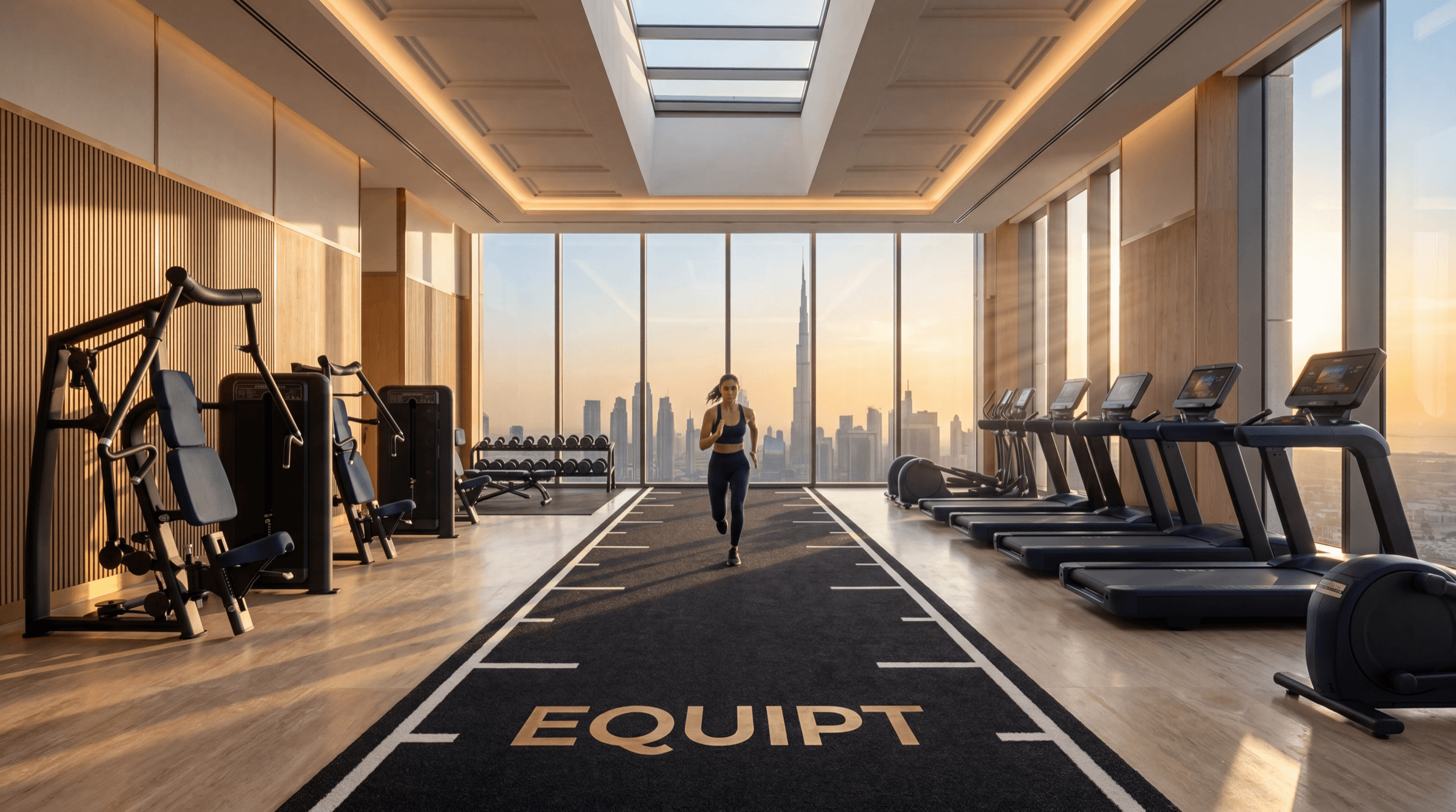 Equipt commercial gym floor with full-height windows and Pulse Fitness UK strength rack line