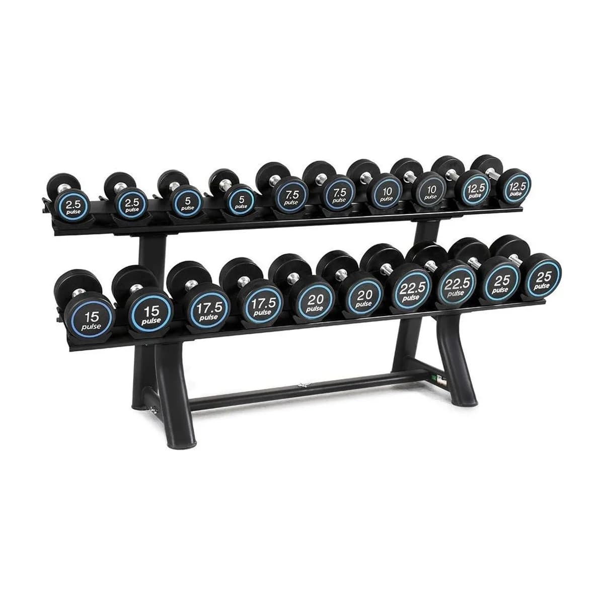 Pulse Fitness UK Premium Polyurethane Covered Dumbbell Set 2.5kg 25kg in 2.5kg increments with Conical Handgrips (in Pairs) on a Double-Tier (Horizontal) Dumbbell Rack (holds 10 Pairs)