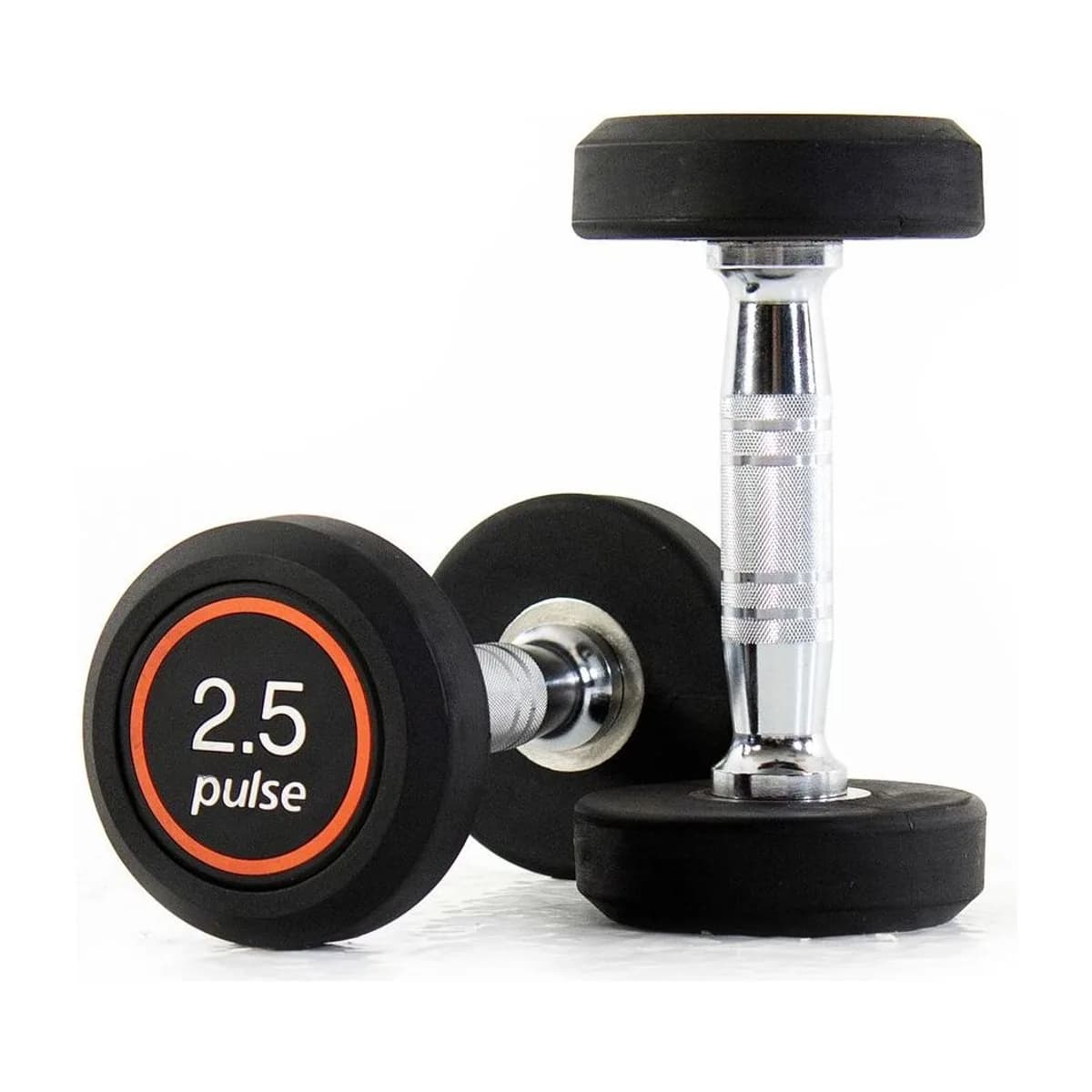 Pulse Fitness UK Club Line Rubber Covered Dumbbell Set 2.5kg 25kg in 2.5kg increments with Conical Handgrips (in Pairs) on a Double-Tier (Horizontal) Dumbbell Rack (holds 10 Pairs), view 2