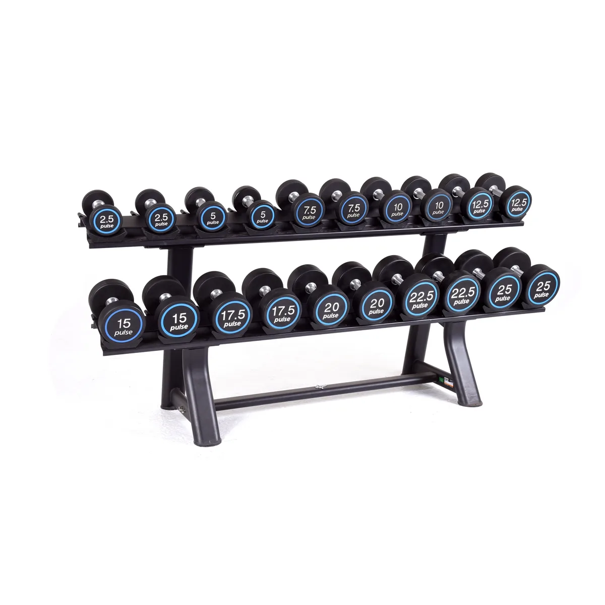 Pulse Fitness UK Premium Polyurethane Covered Dumbbell Set 2.5kg 25kg in 2.5kg increments with Conical Handgrips (in Pairs) on a Double-Tier (Horizontal) Dumbbell Rack (holds 10 Pairs)