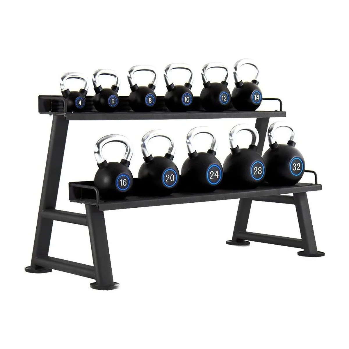 Pulse Fitness UK Premium Polyurethane Covered Kettlebell Set on a Double-Tier (Horizontal) Dumbbell Rack (holds 10 Kettlebells)