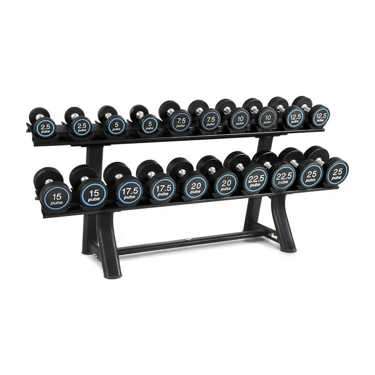 Pulse Fitness UK Premium Polyurethane Covered Dumbbell Set 2.5kg 25kg in 2.5kg increments with Conical Handgrips (in Pairs) on a Double-Tier (Horizontal) Dumbbell Rack (holds 10 Pairs)