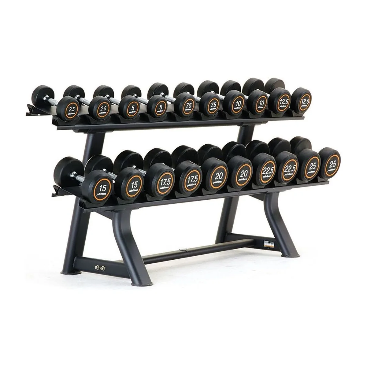 Pulse Fitness UK Club Line Rubber Covered Dumbbell Set 2.5kg 25kg in 2.5kg increments with Conical Handgrips (in Pairs) on a Double-Tier (Horizontal) Dumbbell Rack (holds 10 Pairs)