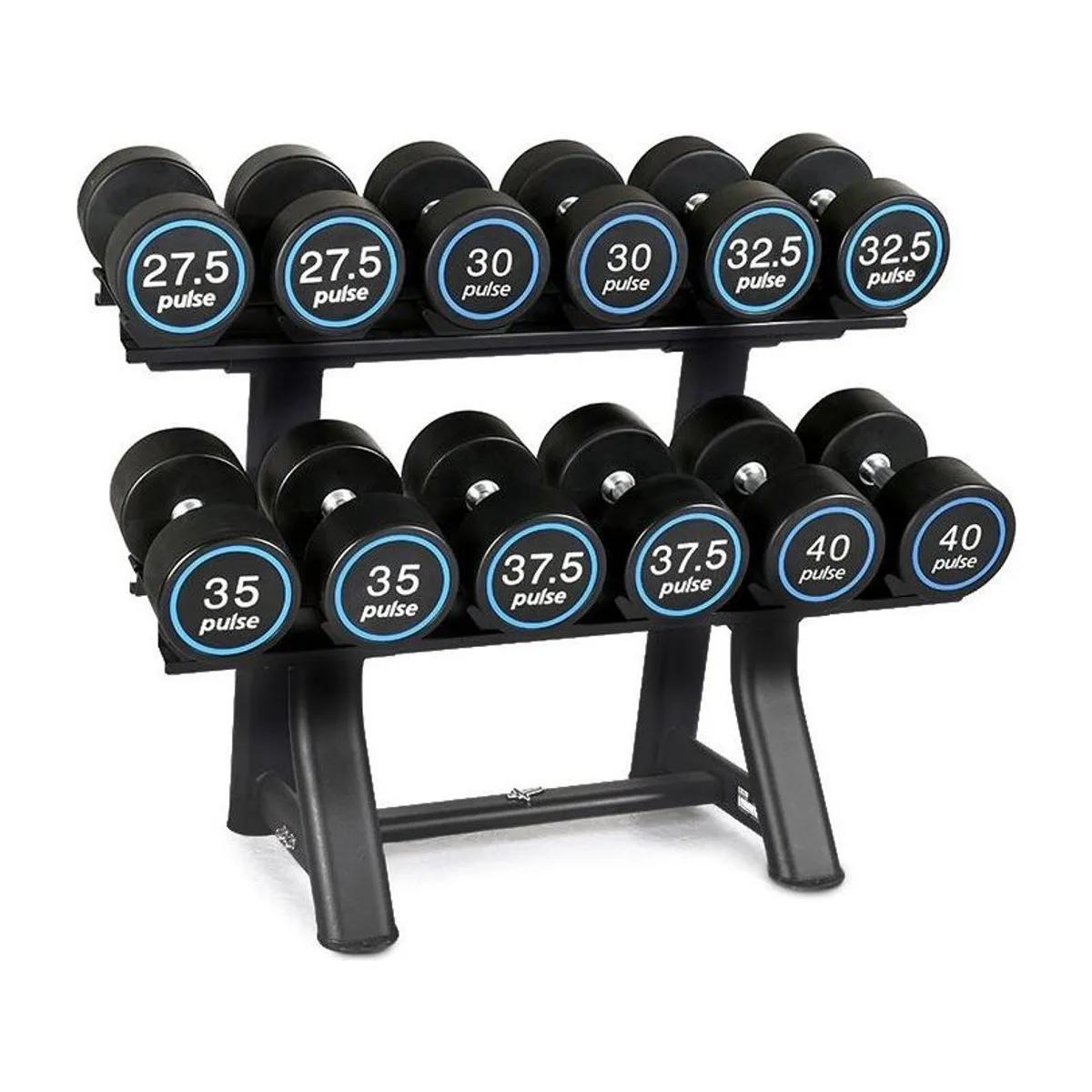 Pulse Fitness UK Premium Polyurethane Covered Dumbbell Set 27.5kg 40kg in 2.5kg increments with Conical Handgrips (in Pairs) on a Double-Tier (Horizontal) Dumbbell Rack (holds 6 Pairs)